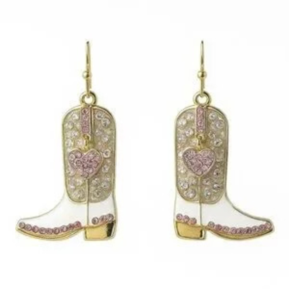 Western Chic Gold and Pink Heart Cowgirl Boot Earrings